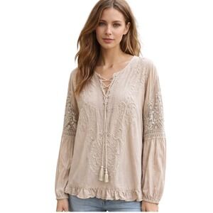 Cato Womens Beige Embroidered Boho Blouse Lace Up Mesh Sleeve Tassel Top Medium